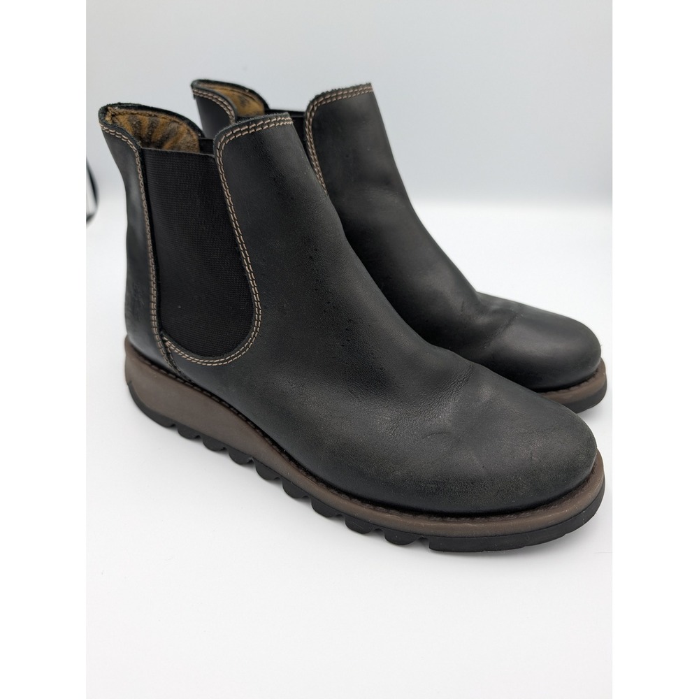 Fly London Black Leather Chelsea Lug Sole Ankle Boots EU 40 US 9-9.5 Grunge
